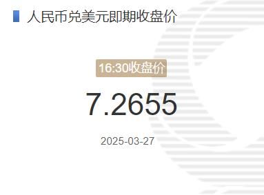3月27日人民币兑美元即期收盘价报7.2655 较上一交易日下调20个基点